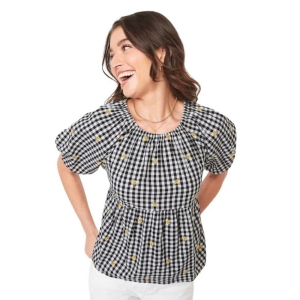 Old Navy Gingham Embroider Yellow Floral Puff Sleeve Top Blouse Size Lar…